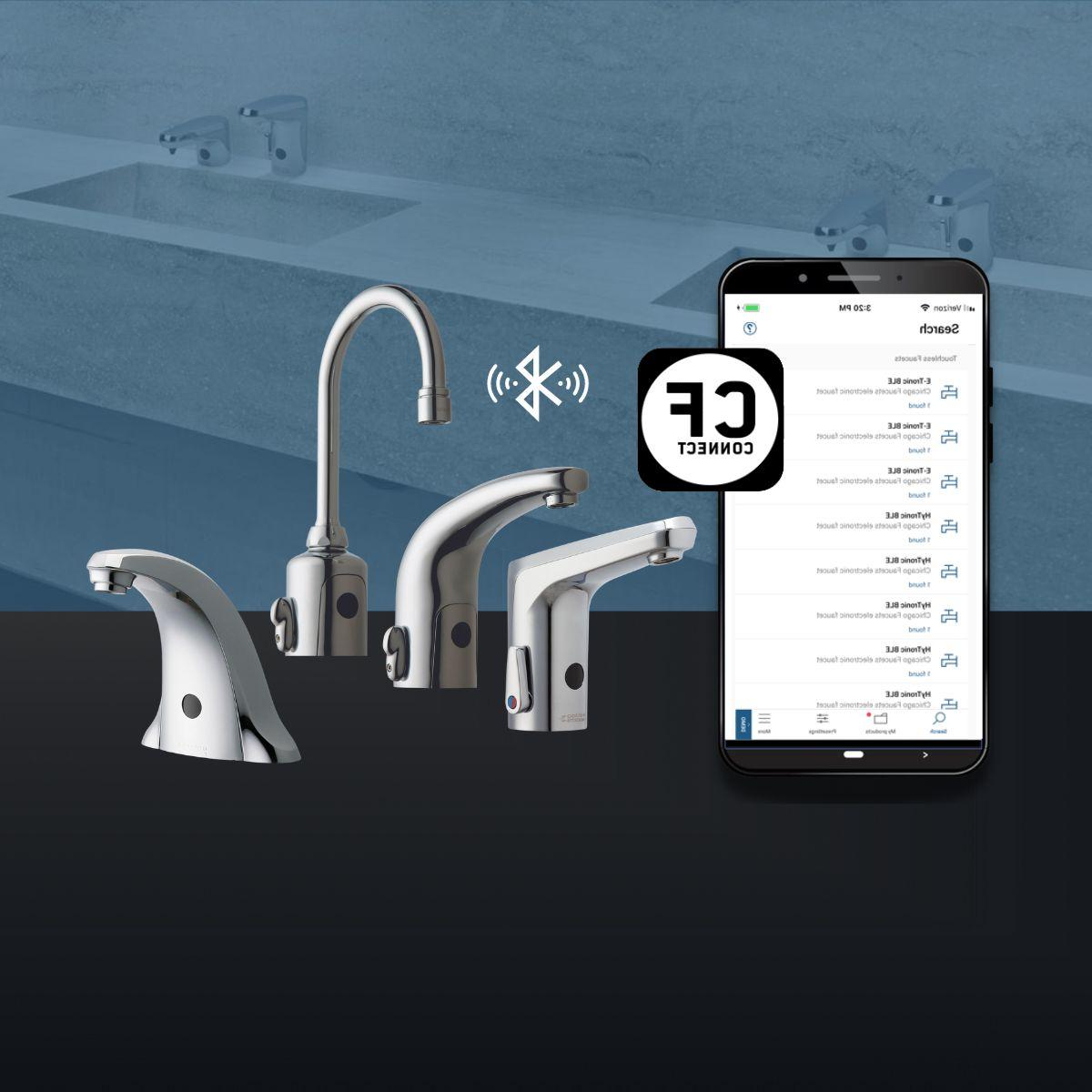phone app next to four touchless faucets